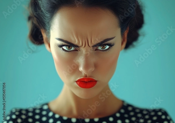Fototapeta Woman with red lipstick and a red nose is staring at the camera with a frown on her face