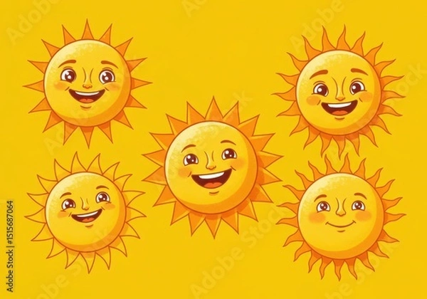 Fototapeta Five cartoon suns with happy faces on a yellow background
