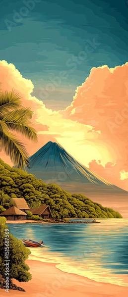 Fototapeta Beautiful painting of a beach with a mountain in the background. The sky is cloudy and the sun is setting