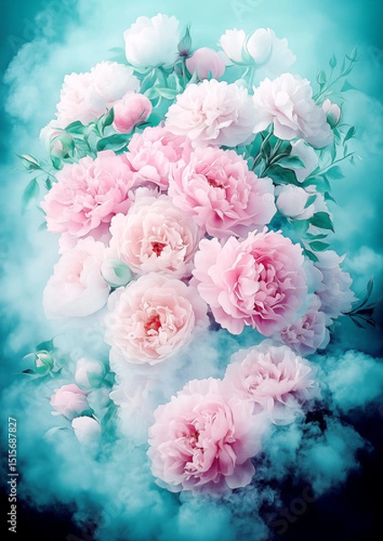 Fototapeta Bouquet of pink flowers is floating in the air, surrounded by a blue mist. The flowers are delicate and beautiful, with a sense of ethereal grace. The blue mist adds a dreamy