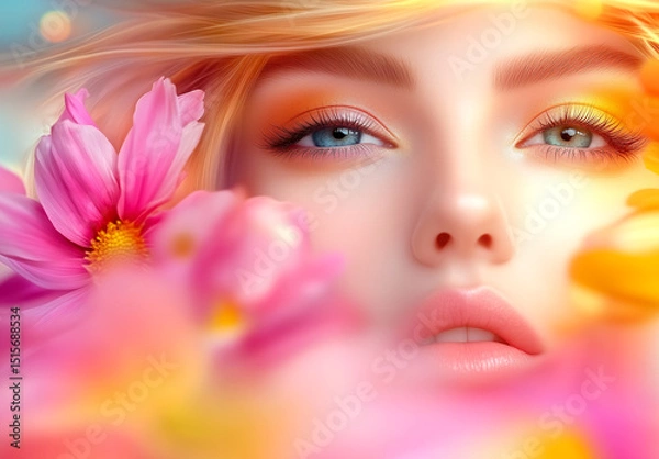 Fototapeta Beautiful woman with colorful flower petals on her face, close-up of beautiful makeup and eyelashes, pink lips, colorful background, soft lighting, high detail, high-resolution photography