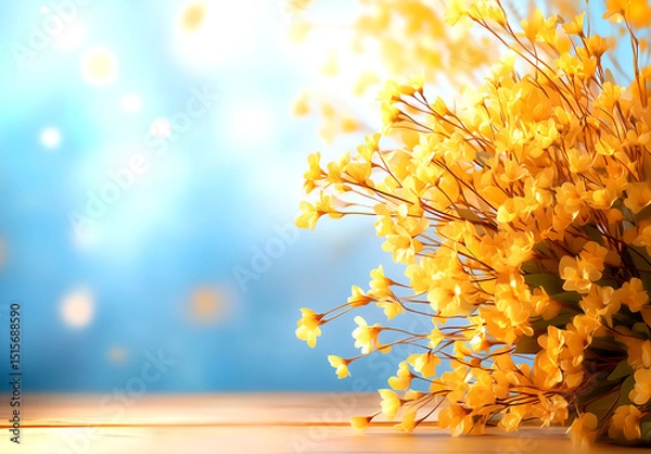 Fototapeta Bouquet of yellow flowers and dry grass on a blue background with bokeh lights, leaving space for text. Bright autumn composition with sunflowers, wheat, grasses, capturing the fall concept
