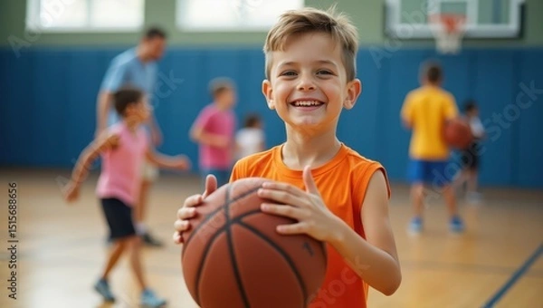 Fototapeta A smiling young boy holding a basketball and giving a thumbs up inside a well-lit indoor gymnasium. The background shows blurred figures of other children playing and coaches instructing. The image is