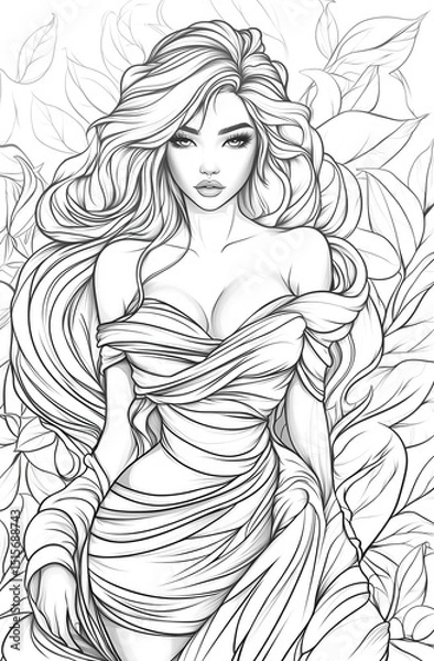 Fototapeta Beautiful woman in a silk dress, coloring page for adults, with thick lines and low detail, in black and white with no shading.