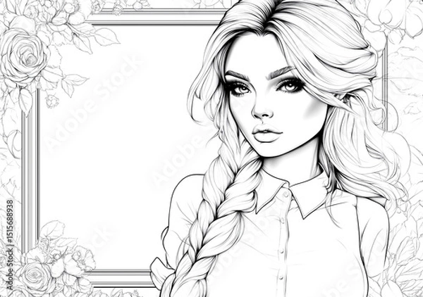 Fototapeta A coloring book page of an attractive woman with long blonde hair wearing jeans and a T-shirt, standing at her desk. She is drawing on a whiteboard in front of her.