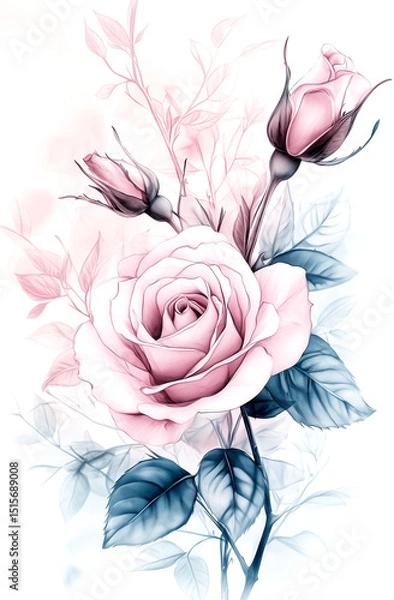 Fototapeta Line art drawing of white roses, light gray background, bokeh effect, clipart with space for text in the center
