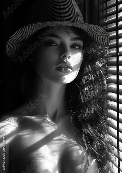 Fototapeta Woman with a black hat and long hair is standing in front of a window. The image has a moody and mysterious feel to it, as the woman's face is partially obscured by the window blinds