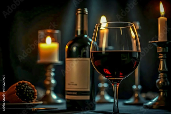 Fototapeta A dark-colored wine bottle that is soft and ambient. A half-filled glass of red wine, featuring the rich, deep red color of the wine, enhances its luxurious appearance.