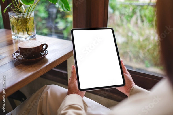 Fototapeta Mockup image of a woman holding digital tablet with blank white desktop screen