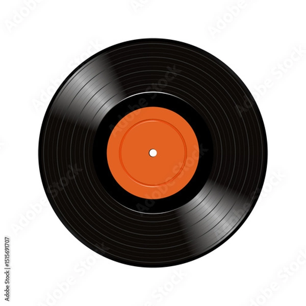 Fototapeta Long play vinyl record with orange paper label isolated on white background.	
