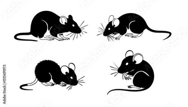 Fototapeta Four black mice illustration vector image for pest control rodent animal cartoon clip art design, 100 char silhouette