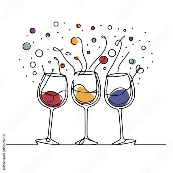 Obraz One line drawing of a Toasting with wine glasses with drinks and color spots. Minimalist hand-drawn sketch, isolated PNG