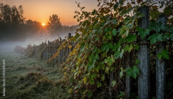 Obraz Sunrise over a misty field with a wooden fence and green vines in the foreground