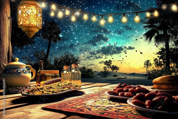 Obraz Table with food and a lantern on it. The lantern is lit and the table is set for a meal