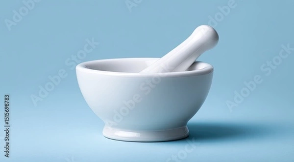 Fototapeta A pristine white ceramic mortar and pestle rest on a pale blue background, casting a subtle shadow