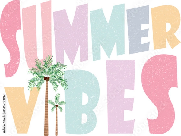 Fototapeta Summer Vibes – Retro Colorful Lettering T-Shirt Design with Bold Playful Style
Bright pastel retro typography spells "Summer Vibes", ideal for fun and trendy summer shirts.
