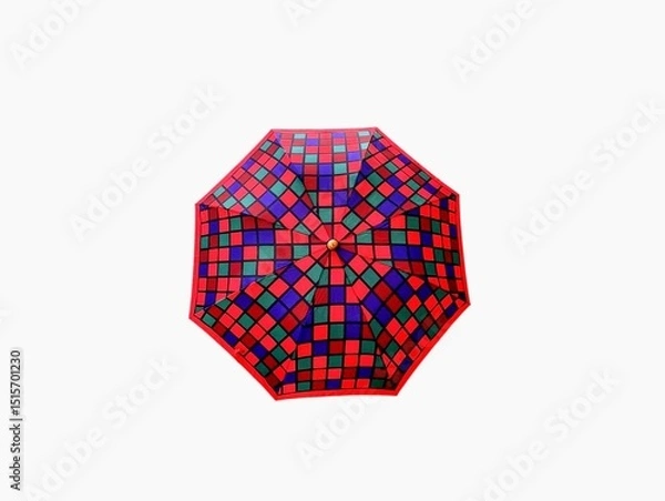 Fototapeta The white background in the picture is a sun and rain umbrella with a black aluminum frame, a silver handle, and the umbrella pole is a square pattern of red, blue, light blue, green, beautiful. 

