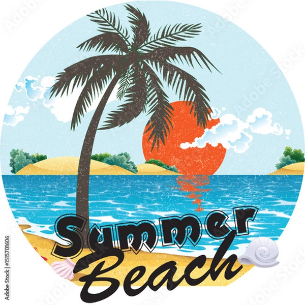 Fototapeta Summer Beach Scene – Tropical Sunset Illustration with Palm Trees and Ocean for T-Shirt
 A colorful beach view with sunset, palm trees, and ocean waves – perfect for sunny T-shirts