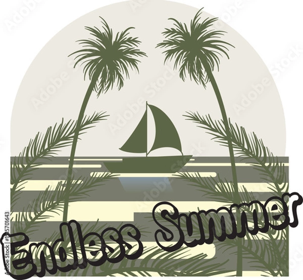 Fototapeta Endless Summer – Sailing Boat and Palm Tree T-Shirt Vector with Nautical Sunset Theme
A sailing scene with palm trees and retro “Endless Summer” text, ideal for summer t-shirts.