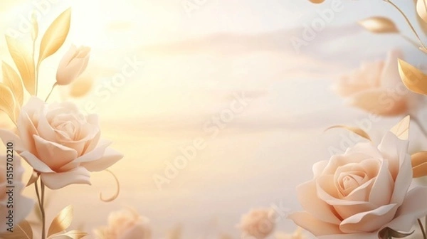 Fototapeta Beautiful pastel roses and leaves gracefully arranged for presentation purposes