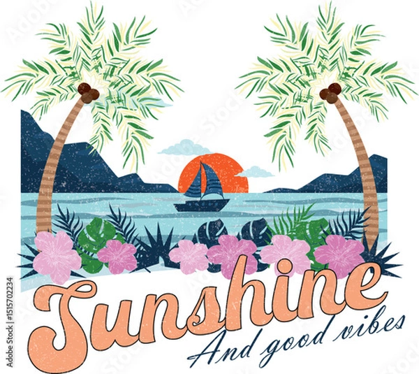 Fototapeta Sunshine and Good Vibes – Tropical Sunset T-Shirt Design with Beach and Palm Trees.
 A beach sunset scene with palm trees and a positive quote – perfect for feel-good summer tees.