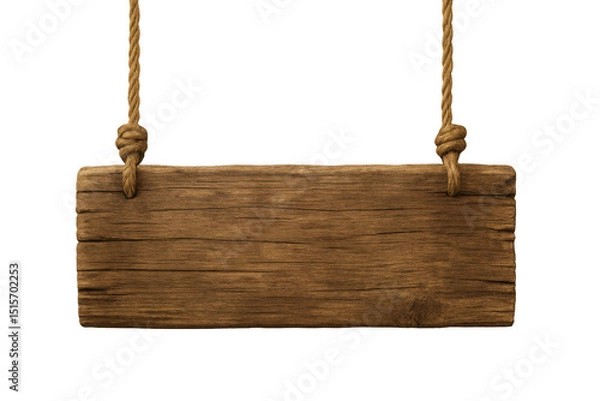 Fototapeta Weathered wooden sign suspended from ropes, ready for custom messaging against transparent backdrop