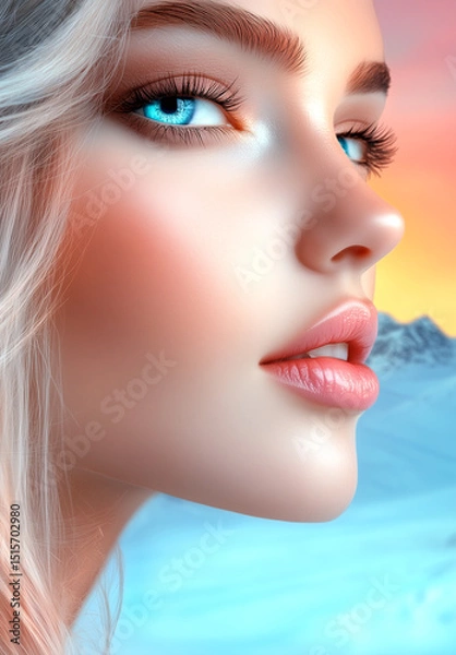 Fototapeta Woman with blue eyes and a pink lip is staring at the camera. The image has a dreamy, ethereal quality, with a mountain range in the background