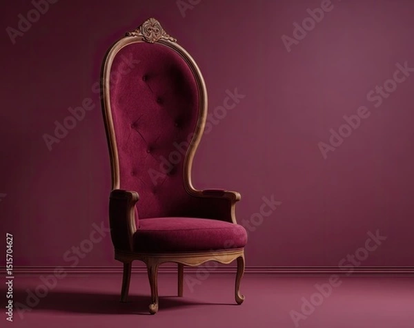 Obraz A tall, ornate crimson velvet armchair with a high, curved back and carved wooden frame stands against a maroon wall