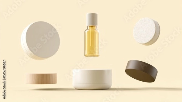 Fototapeta Floating Cosmetic Packaging With Glass Bottle and Container Designs