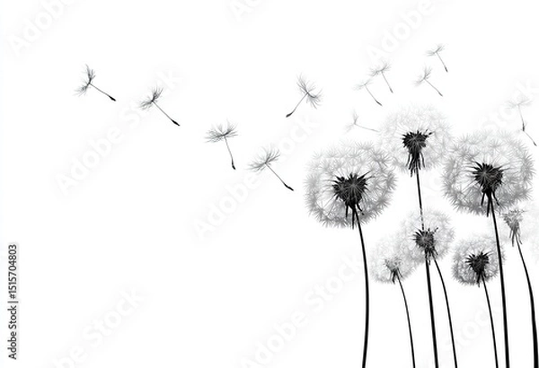 Fototapeta Monochrome image of several dandelion seed heads, some intact, others releasing seeds carried on the wind against a stark white background