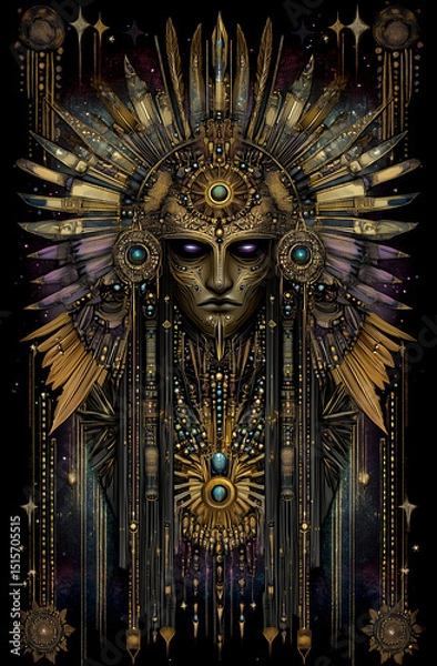 Fototapeta Woman with a gold headdress and a mask on her face. The woman is wearing a gold headdress and a mask, which gives her an exotic and mysterious appearance