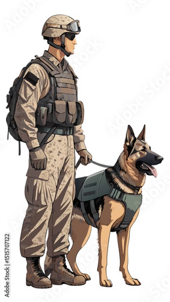 Fototapeta military working dog and handler in vector form, loyal companion theme, white background
