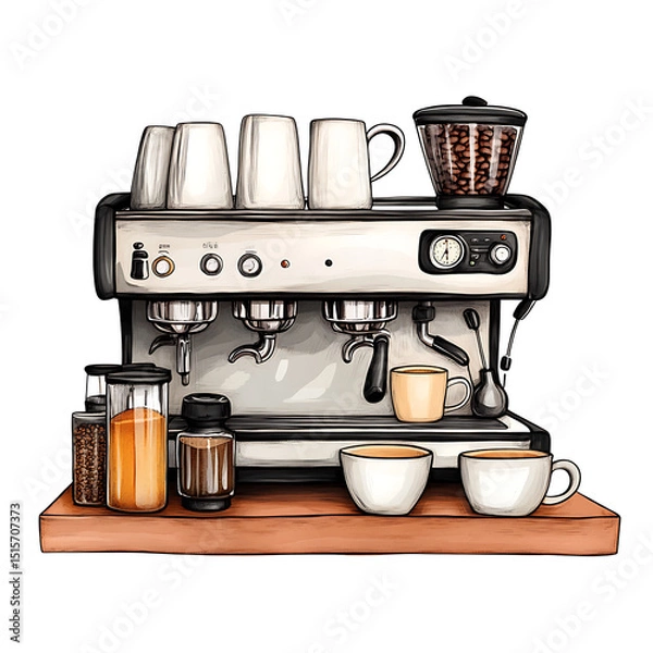 Obraz Realistic and artistic illustrations of coffee beans, brewing equipment, coffee cups, baristas, coffee farms, roasting processes, and café scenes