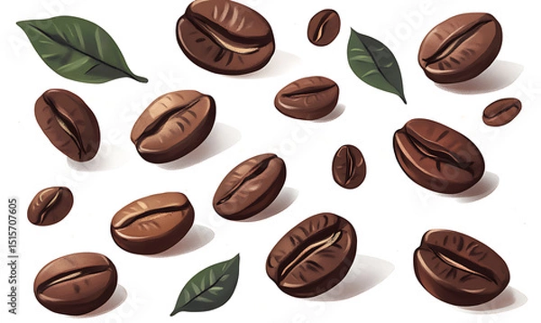 Obraz Realistic and artistic illustrations of coffee beans, brewing equipment, coffee cups, baristas, coffee farms, roasting processes, and café scenes