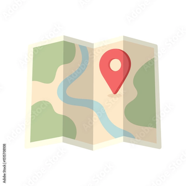Obraz Folded paper map with red location pin icon, map illustration in flat style representing navigation, map usage ideal for travel, exploration, and outdoor planning visuals.