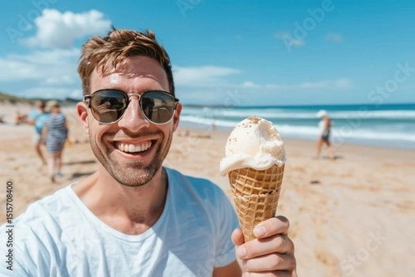 Fototapeta Beach Bliss: Smiling Man Enjoying Ice Cream on Sandy Shore