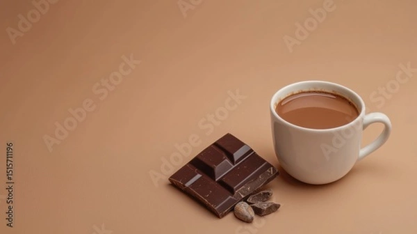 Fototapeta Warm cup of coffee accompanied by a rich chocolate bar perfectly placed for a cozy moment of enjoyment and relaxation