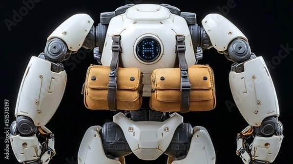 Fototapeta Futuristic Robot Back with Backpacks with SciFi Design, Industrial Technology, and Dark Background.