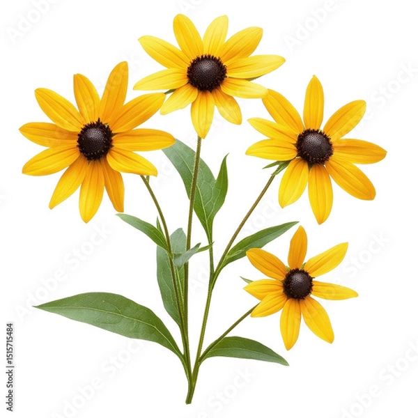 Fototapeta Black Eyed Susan flowers isolated on Transparent background displaying vibrant colors, of Black Eyed susan flowers isolated on PNG background