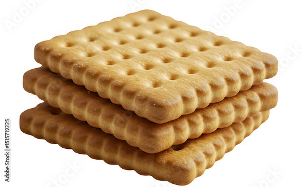 Fototapeta Crispy Golden Brown Stack of Three Square Plain Biscuits Isolated on White, Perfect for Food Photography, Marketing & Snack Concepts