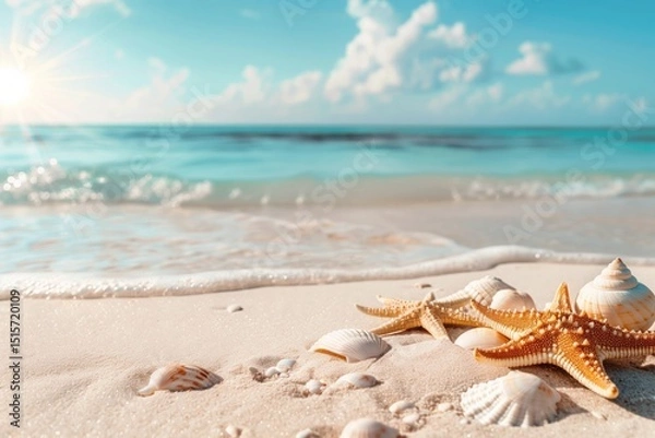 Fototapeta Sandy beach with starfish, seashells and tide