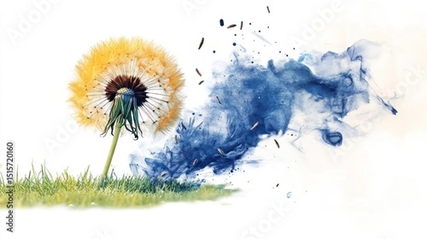 Fototapeta Targeting weeds in the garden: Dandelion flowers on green grass, symbol of herbicide use for lawn care, watercolor illustration