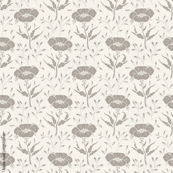 Fototapeta Seamless Wildflowers Vector Gray Beige Pattern. Floral Monochrome Background with Flowers, Leaves, Berry Branches. Beautiful Ditsy Floral Print for Spring, Summer, Autumn Nature Vintage Wallpaper