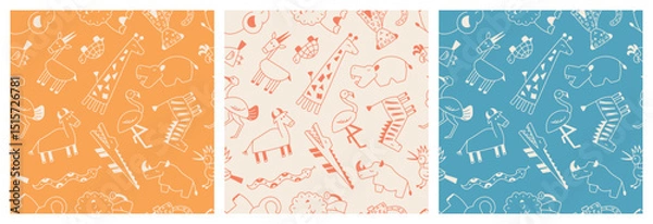 Fototapeta Vector Set of Doodle Safari Animals Hand Drawn Seamless Patterns