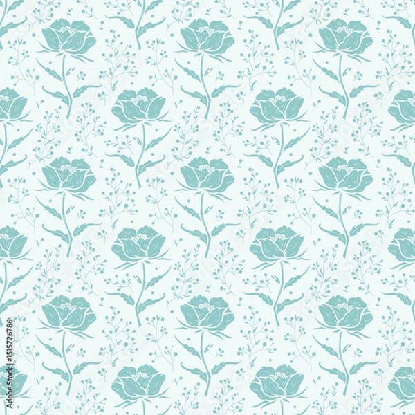 Fototapeta Seamless Wildflowers Vector Turquoise Pattern. Floral Monochrome Background with Flowers, Leaves, Berry Branches. Beautiful Ditsy Floral Print for Spring, Summer, Autumn Nature Vintage Wallpaper