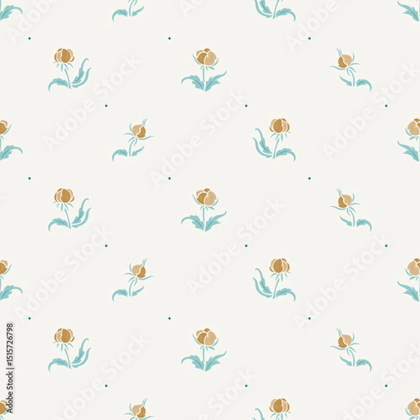 Fototapeta Ditsy Floral Print Seamless Pattern Vector. Floral Background with Yellow Beautiful Flowers with Turquoise Leaves. Spring, Summer, Autumn Nature Vintage Wallpaper