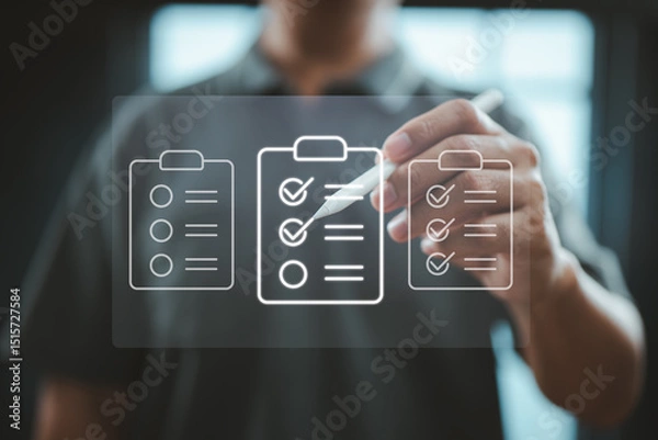 Obraz  Digital Checklist Management Interface with Hand Holding Stylus for Task Tracking and Organization