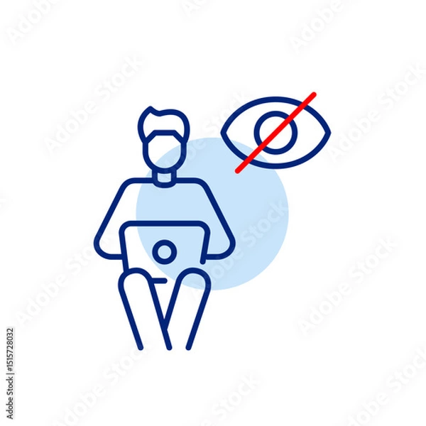 Fototapeta Vector icon of man sitting and working at laptop with crossed-out eye, symbolizing private work, hidden activity, or invisible online presence. Ideal for productivity apps, remote work tools, and priv