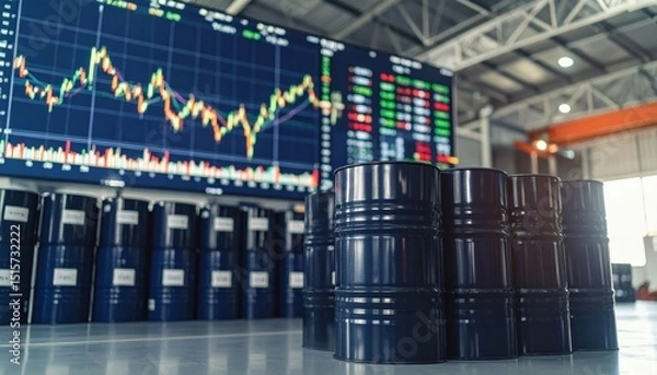 Fototapeta Multiple oil barrels sit in front of a digital stock market board displaying fluctuating commodity prices in an industrial setting.