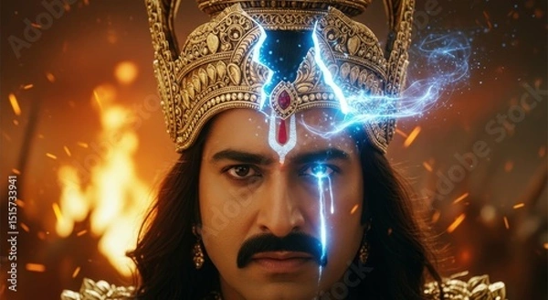 Obraz Powerful indian warrior with crown lightning fire battle fantasy character art